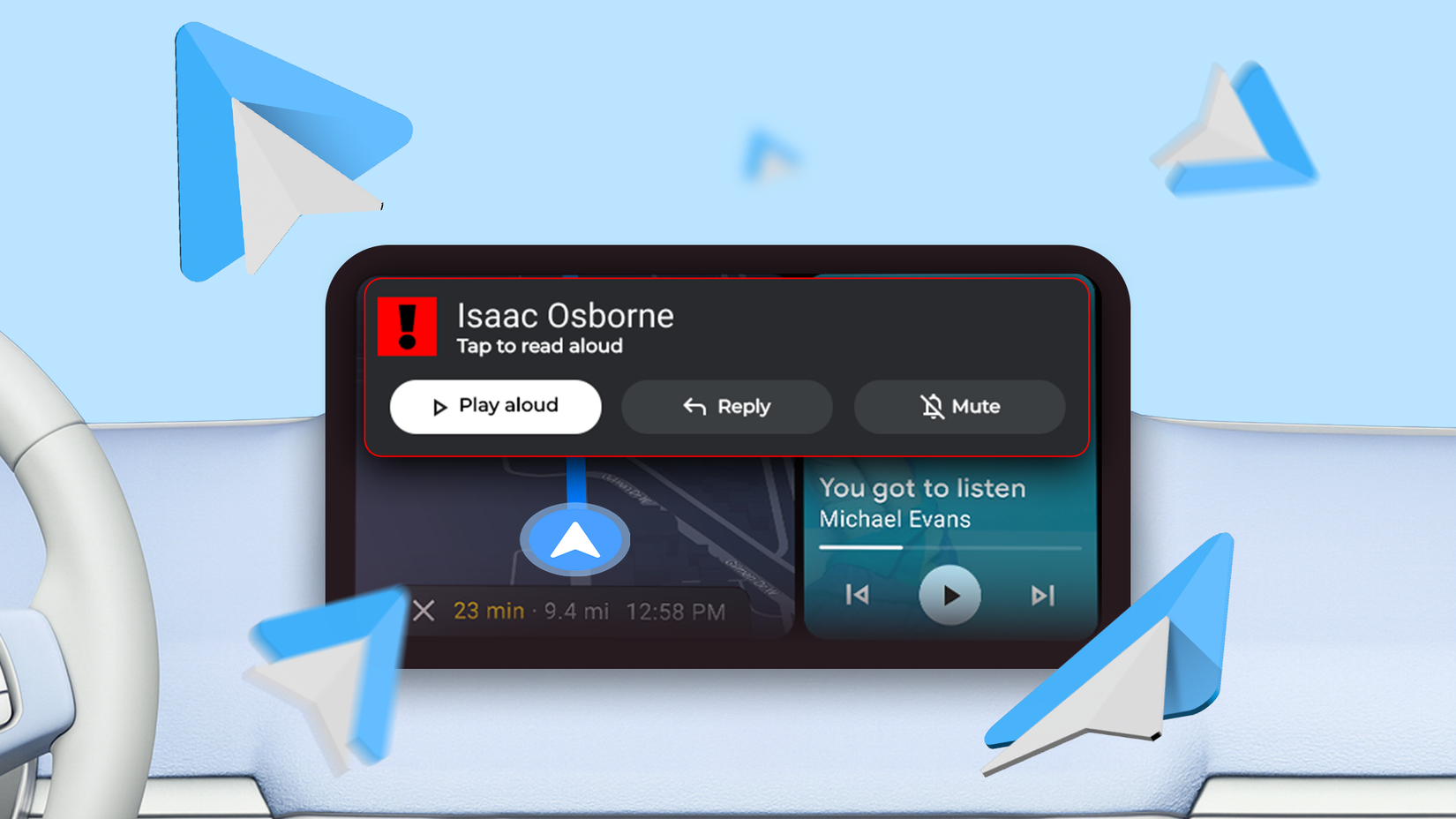 A car dashboard screen showing a large Android Auto notification.
