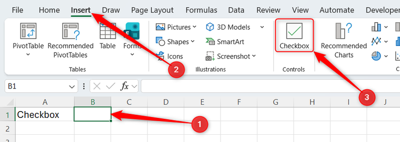 A cell in Excel is selected, and the Checkbox button in the Insert tab is selected.