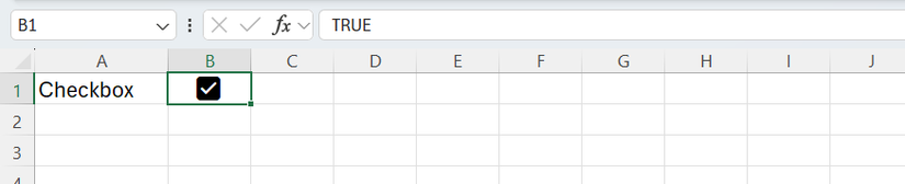 A checkbox in cell B2 of an Excel spreadsheet is checked, and the formula bar reads 'TRUE.'