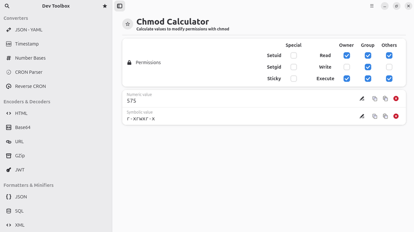 A chmod calculator in Dev Toolbox to calculate permission values using checkboxes.