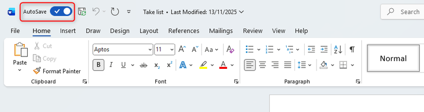 A close-up of the Microsoft Word interface header with the AutoSave toggle in the 'On' position.