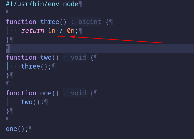 A code editor displays a TypeScript source file. An arrow points to the division operator on line 4, inside the three function.