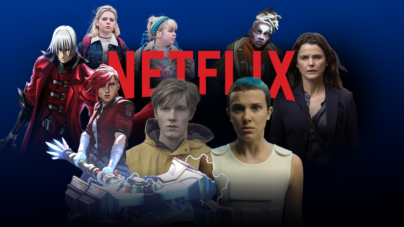A collage of Netflix characters from Castlevania, Dark, Stranger Things, Arcane, Derry Girls and The Diplomat with the Netflix logo.