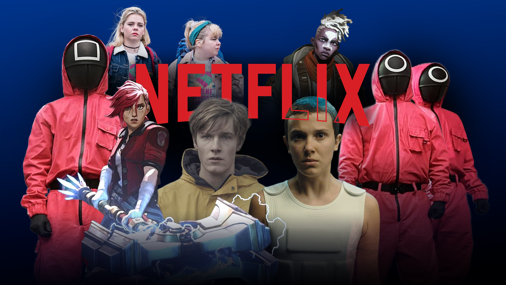 A collage of Netflix characters from Dark, Stranger Things, Squid Game, Arcane, and Derry Girls with the Netflix logo.