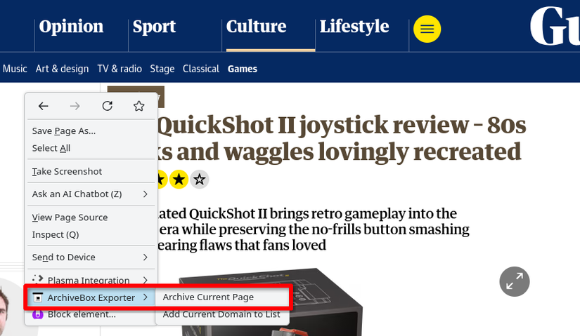 A context menu open on a web article with a red box around the option to use ArchiveBox to save archive the current page.