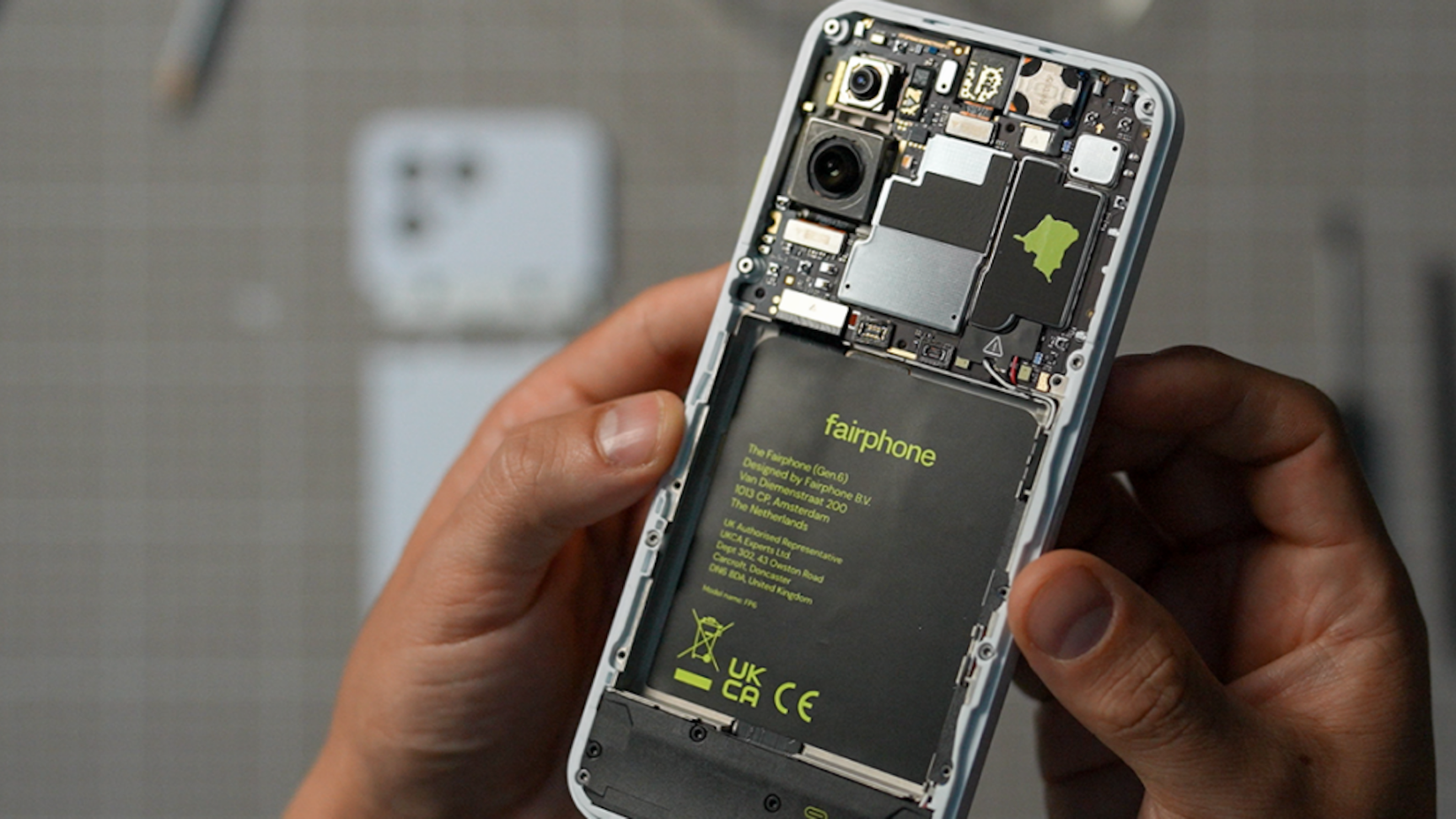 A Fairphone 6 with its back removed