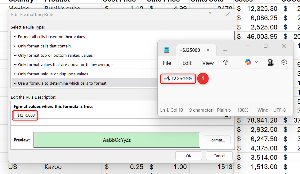 A formula from a conditional formatting rule in Microsoft Excel is pasted into Notepad.
