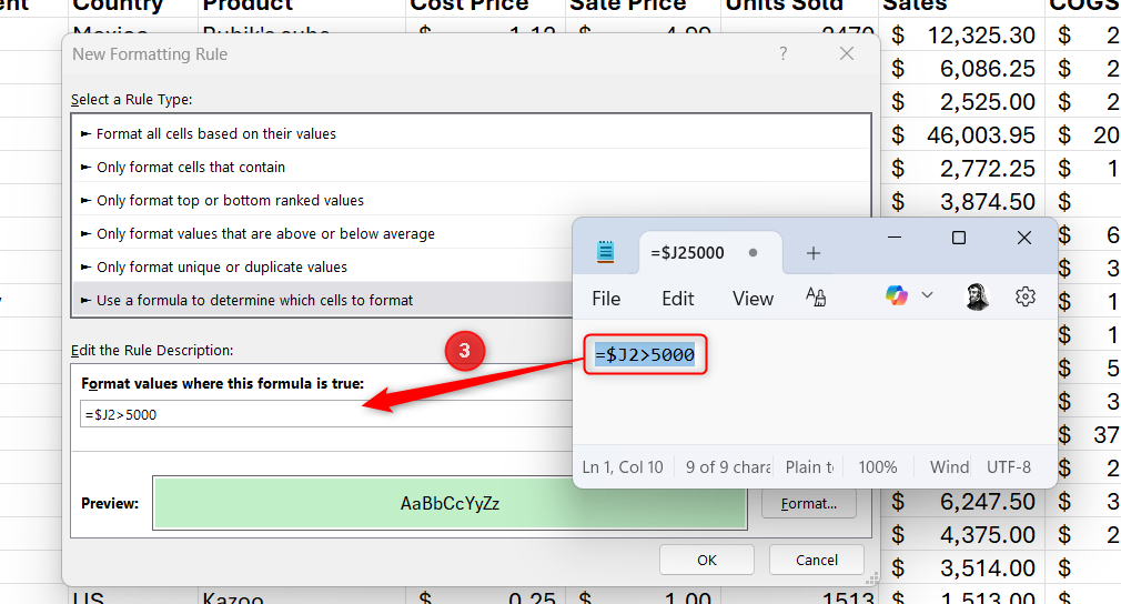 A formula is copied from Notepad into a conditional formatting rule in Microsoft Excel.
