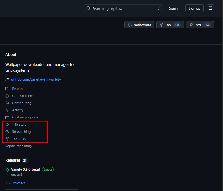 A GitHub screenshot showing how popular the variety wallpaper manager is
