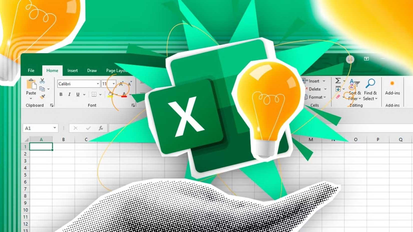 A hand with the Excel logo and a light bulb next to it, and an Excel spreadsheet in the background.