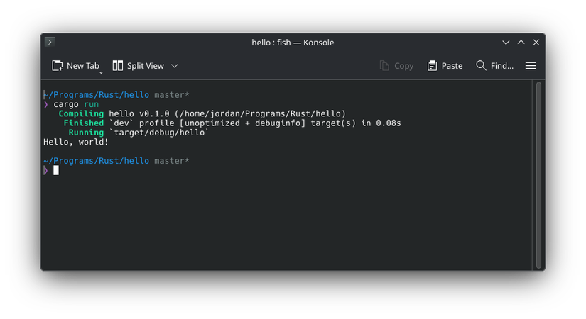 A hello world program being compiled and run in a terminal with the cargo run command.