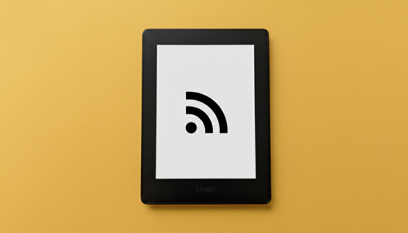 A Kindle on a yellow background with a RSS logo displayed on the screen.