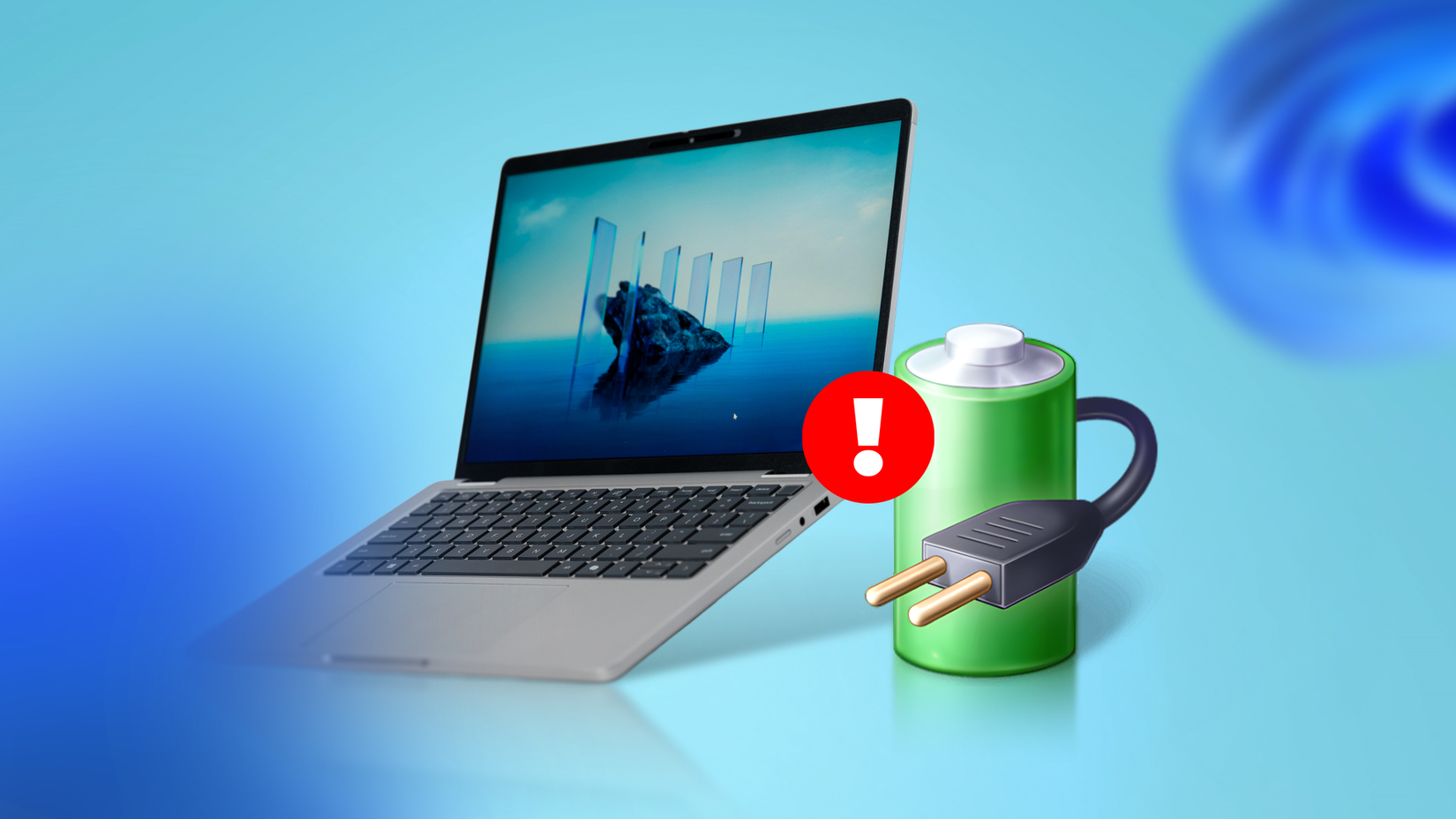 A laptop next to a green battery icon with a plug and a red warning sign.
