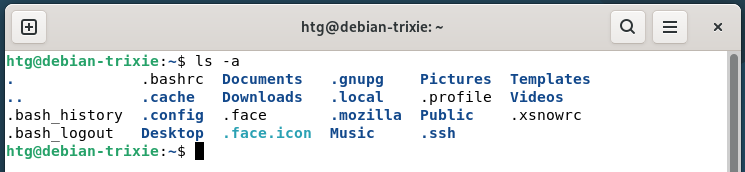 A Linux terminal showing the ls -a command revealing hidden files.
