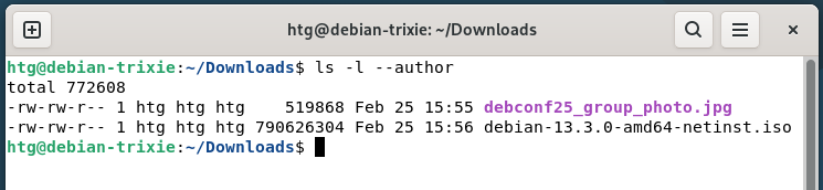 A Linux terminal showing the ls -l --author command showing who the author is.