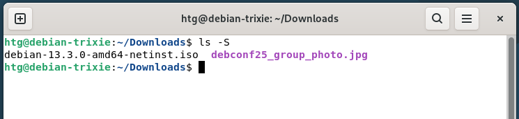 A Linux terminal showing the ls -S command organizing files by file size.