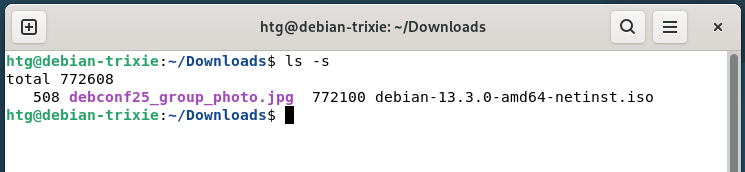 A Linux terminal showing the ls -s command showing file sizes.