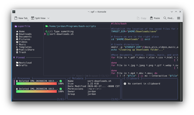 A Linux terminal showing the Superfile terminal user interface.
