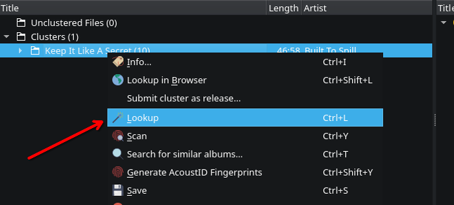 মিউজিকব্রেইনজ পিকার্ডের লুকআপ বোতামের দিকে নির্দেশ করে একটি লাল তীর।