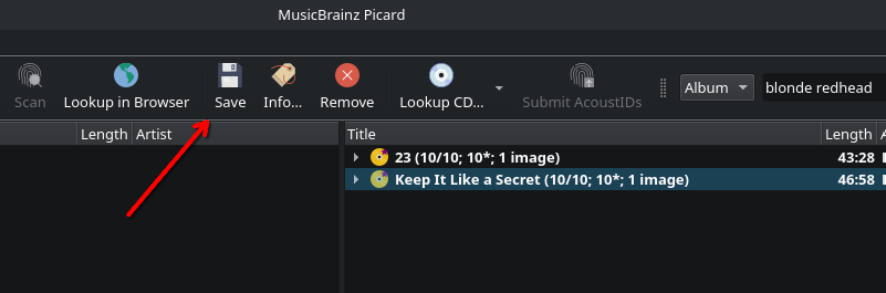 মিউজিকব্রেইনজ পিকার্ডের সেভ বোতামের দিকে নির্দেশ করে একটি লাল তীর।