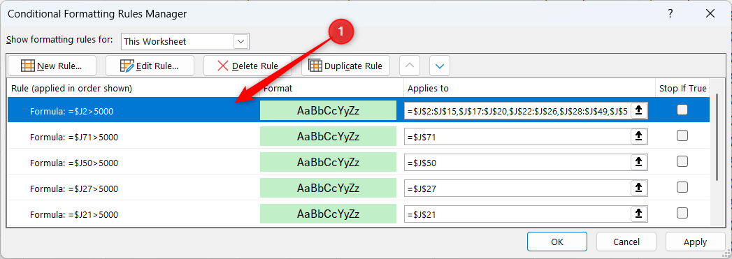 A rule in Rules Manager with the correct formula and format is selected.