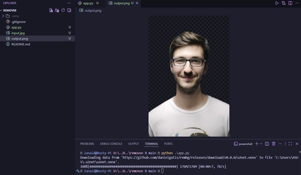 A sample image with background removed after going through the Python background remover script.