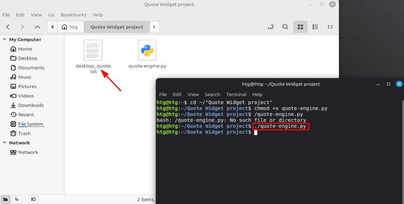 A screenshot of the terminal after running the command that creates the desktop-quote file