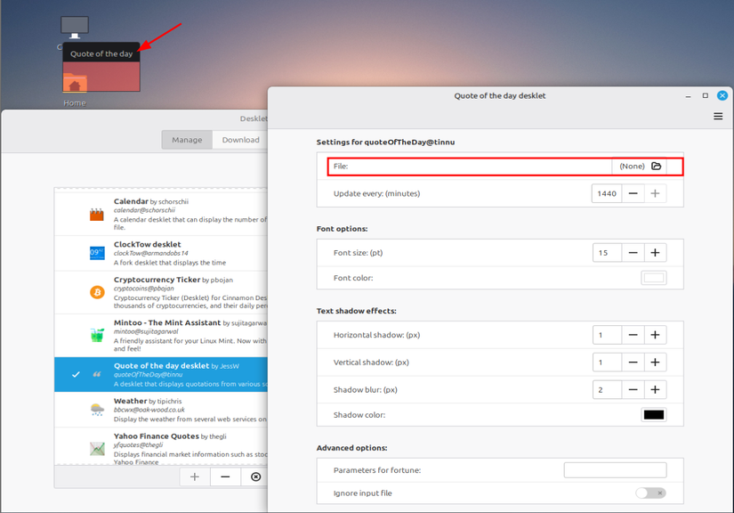 A screenshot showing complicated quote of the day settings