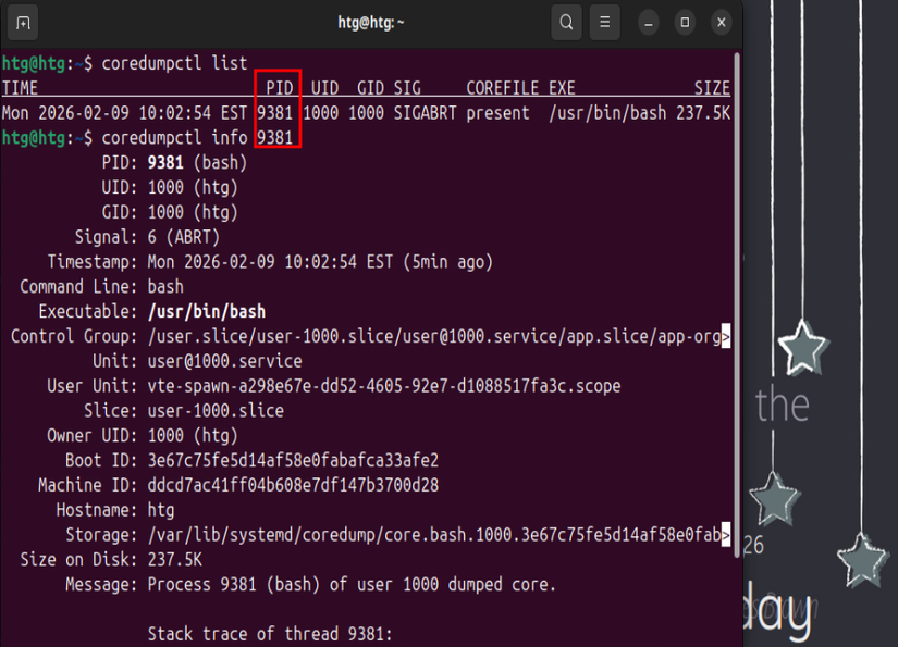 A screenshot showing how to use coredumpctl to inspect a program usings its PID