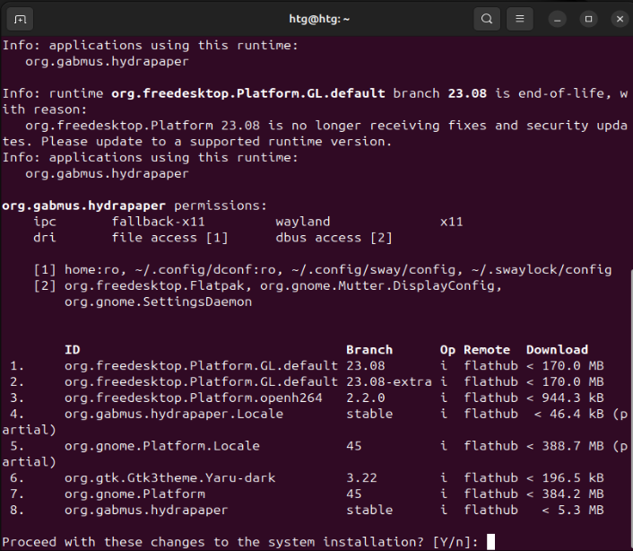 A screenshot showing someone installing flatpak and hydrapaper on Ubuntu