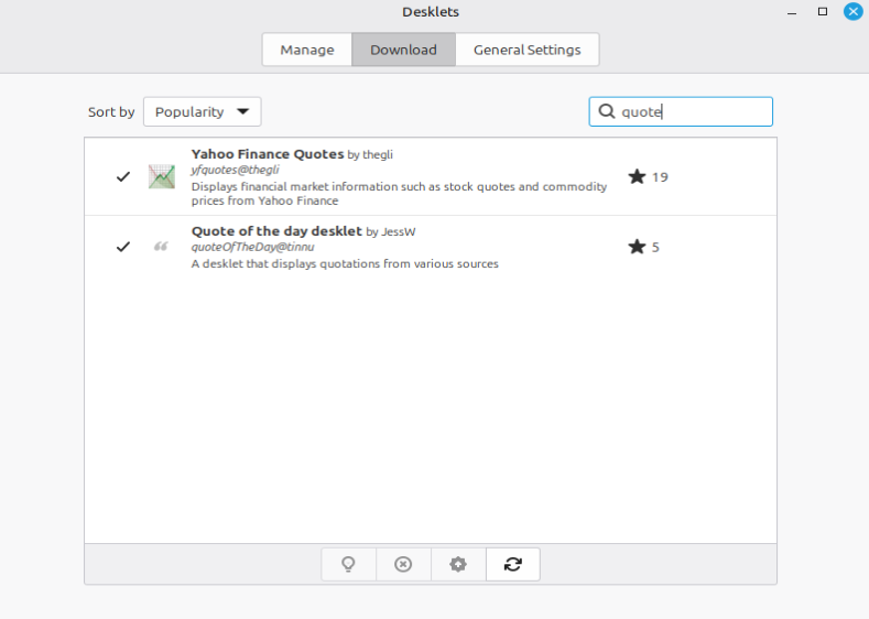 A screenshot showing someone searching for quote of the day desklets on Linux Mint
