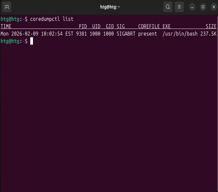 A screeshot of the coredumctl list command