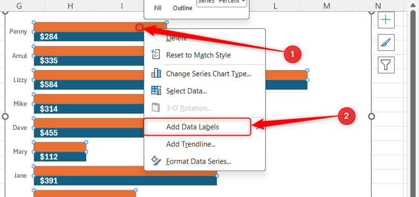 A second series in an Excel bar chart is selected, and Add Data Labels is highlighted in the right-click menu.