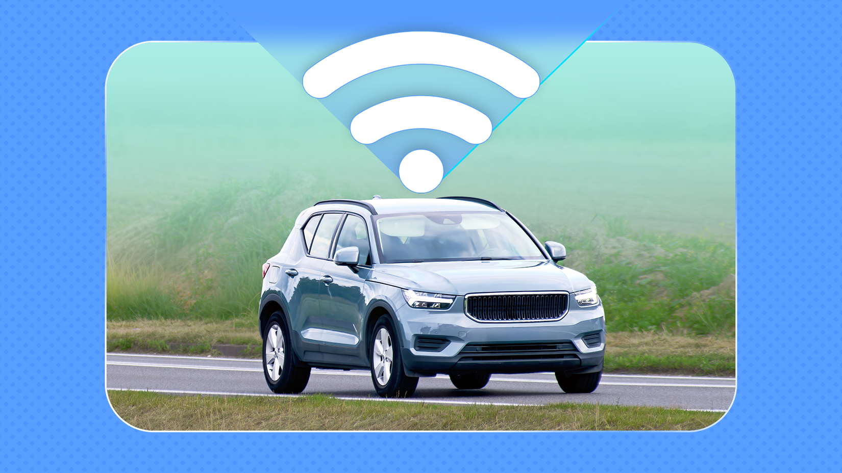 A silver SUV driving on a road with a large white Wi-Fi symbol floating above it.