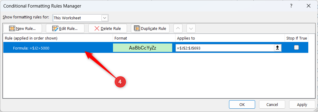 A single, neat rule sits in the Rules Manager in Excel.