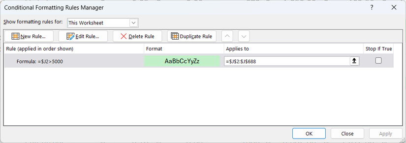 A single rule in Rules Manager that applies to a whole range in column J.