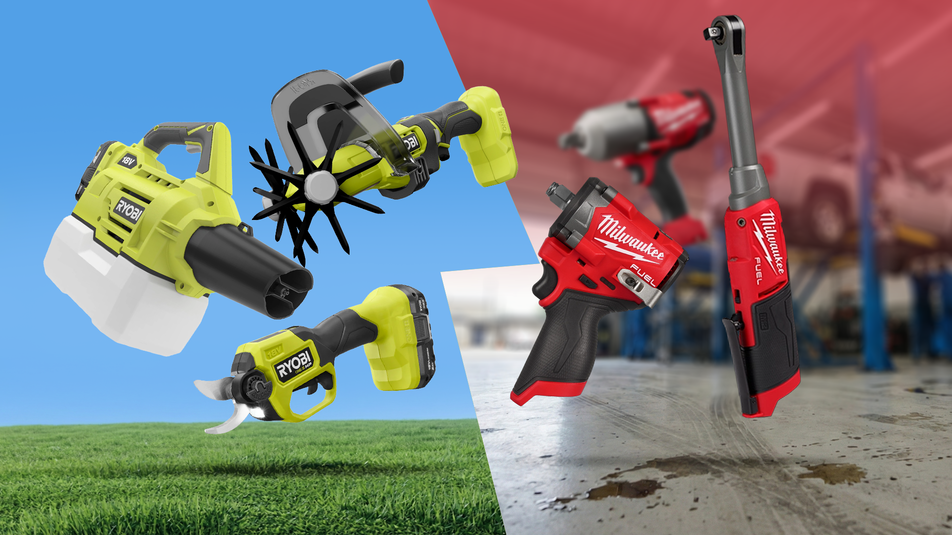 Una imagen dividida que muestra herramientas de jardín verdes de Ryobi flotando sobre el césped a la izquierda y herramientas eléctricas rojas de Milwaukee en el taller de un mecánico a la derecha.