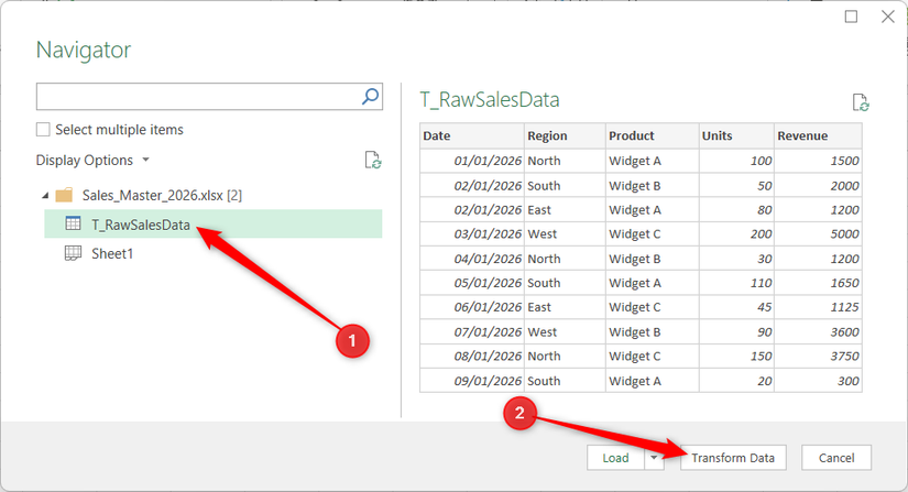 Un tableau nommé T_RawSalesData est sélectionné dans la fenêtre du Navigateur d'Excel et le bouton Transformer les données est mis en surbrillance.