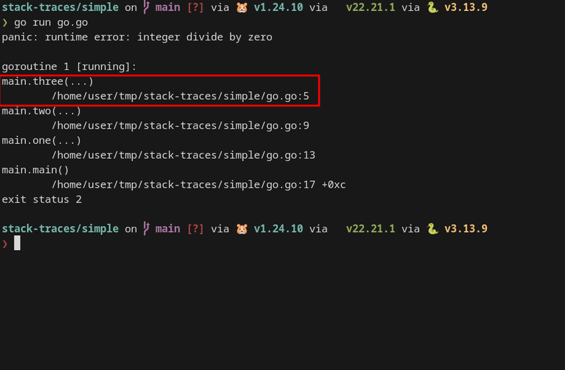 A terminal window displays a Go stack trace. A panic caused by integer division by zero is shown, with the crashing frame highlighted in a box.