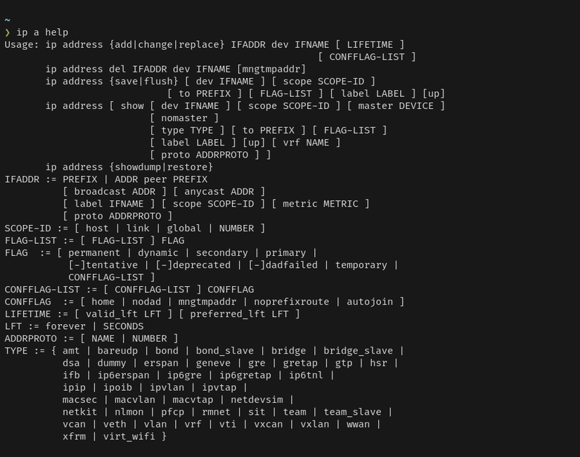 A terminal window displays the help output of the ip address command, showing its usage and available options.