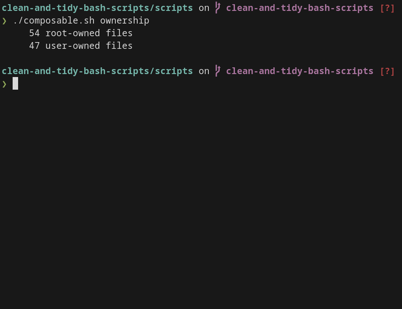 A terminal window displays the output of the ownership script. It shows 54 root-owned files and 47 user-owned files.
