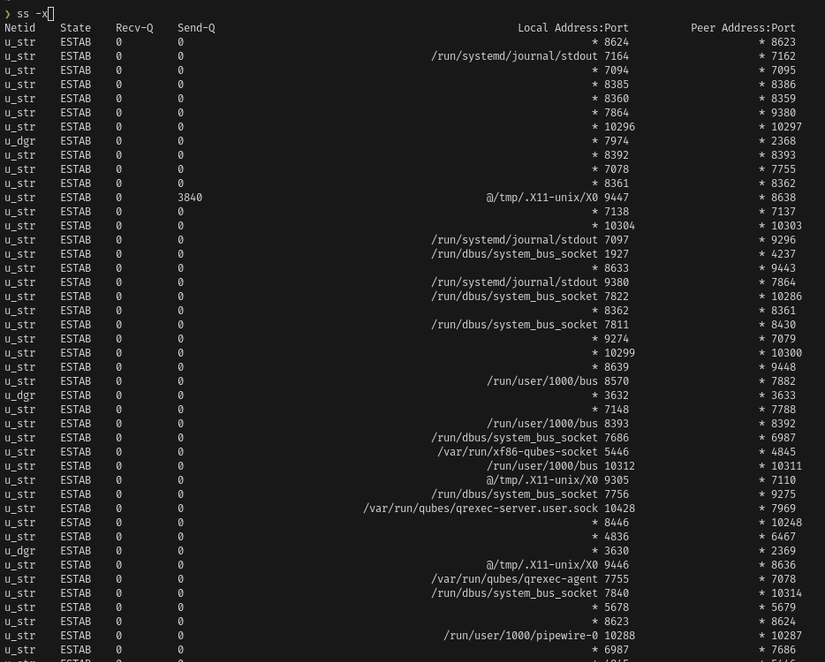 A terminal window displays the output of the ss -x command, listing Unix domain sockets and their connection details.