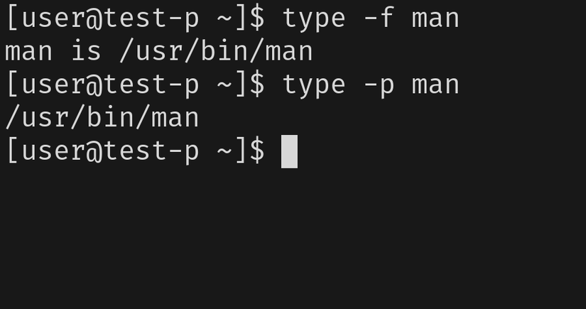 A terminal window shows two commands. The first runs type -f man, the second runs type -p man. Both return the path to man.