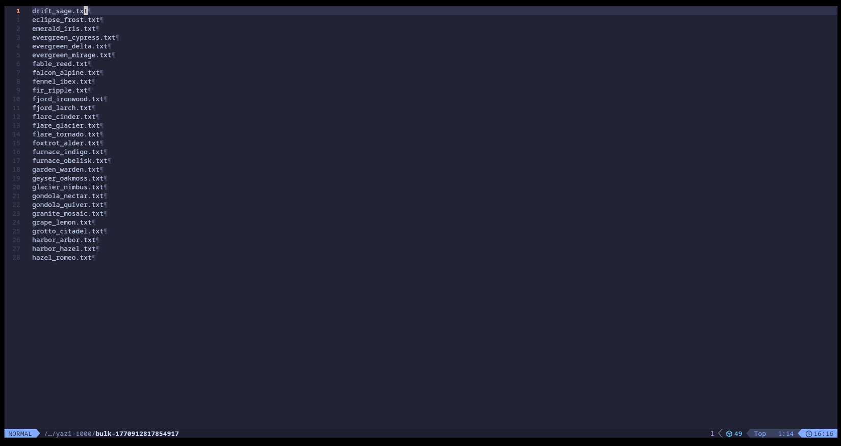 A Vim editor opened by Yazi lists file names for bulk renaming.