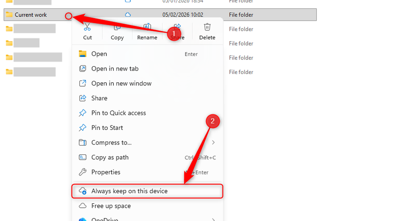 A Windows File Explorer window showing a right-click context menu on a folder and the 'Always keep on this device' option in the menu.