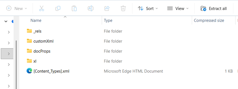 A Windows File Explorer window showing the internal XML folder structure of a renamed XLSX file.