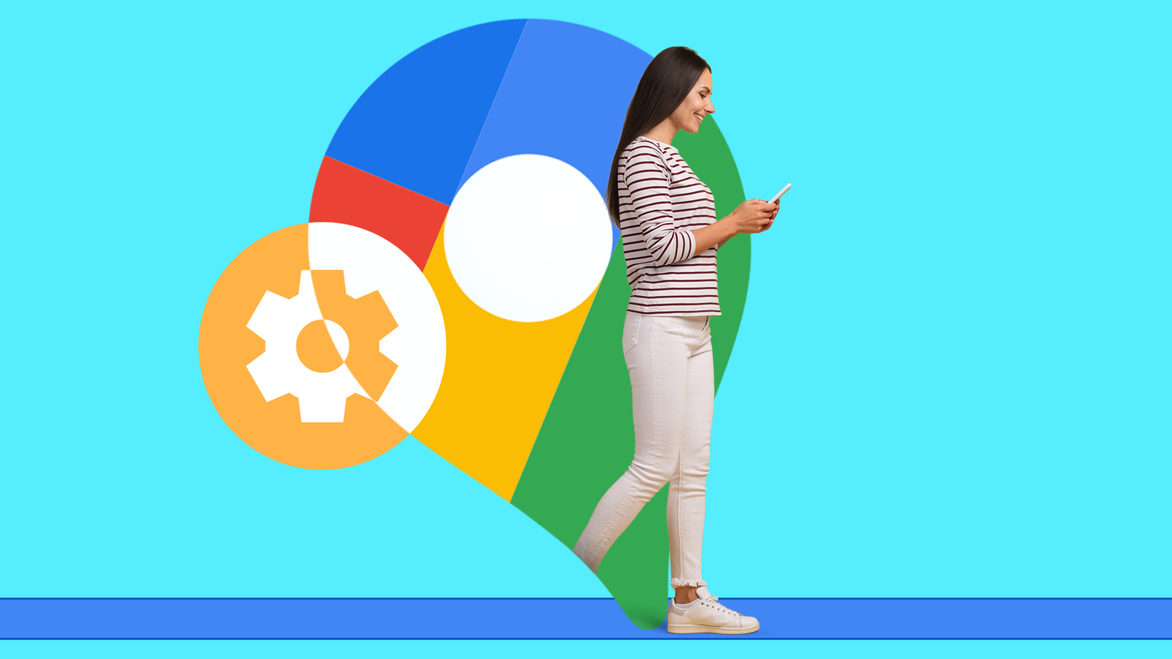 A woman walking and using a smartphone in front of a large Google Maps pin icon with a settings gear.