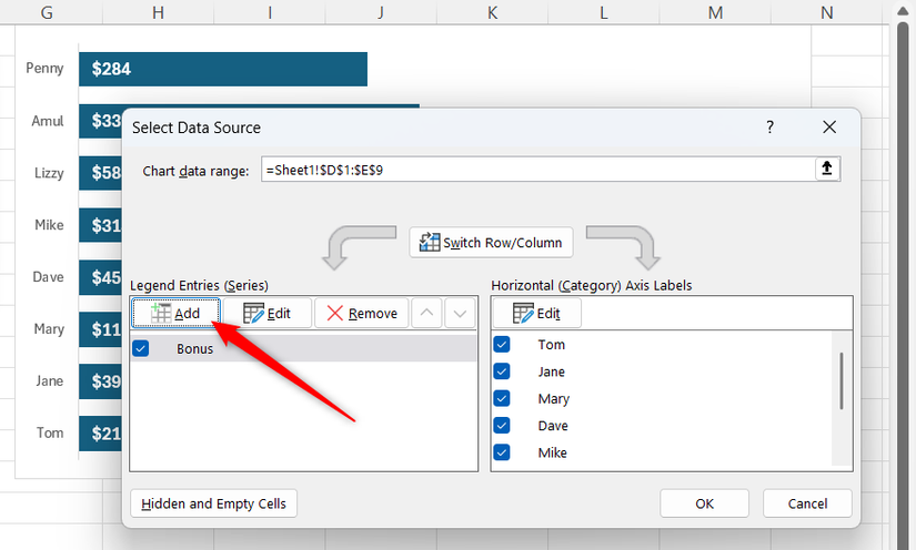 Add is selected in Excel's Select Data Source dialog.