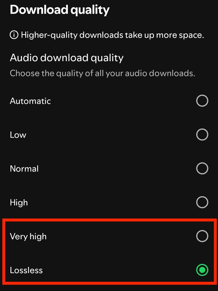 Spotify-এর মোবাইল অ্যাপে অডিও ডাউনলোড মানের মেনু। 