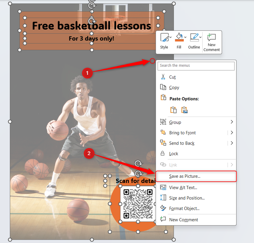 PowerPoint でデザインされたポスター内のすべての項目が選択され、右クリック メニューで[画像として保存]が強調表示されます。